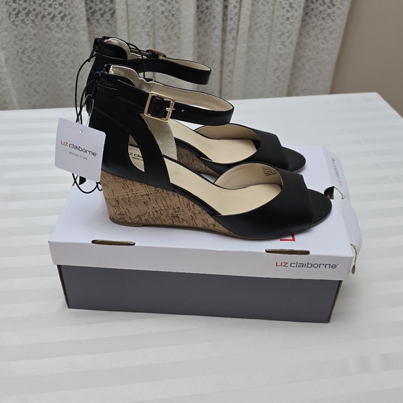 Liz Claiborne Shoes - NEW Liz Claiborne Black Wedge Heel Sandals 11 Wedges Ankle Buckle Back Zip Shoes
